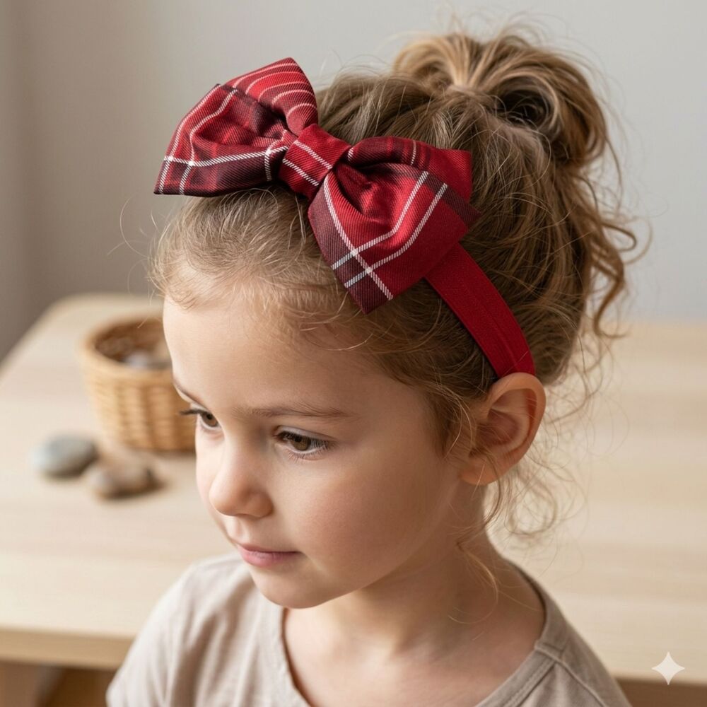Girls Headband Large Bow Hair Band Red Plaid One Size Handmade